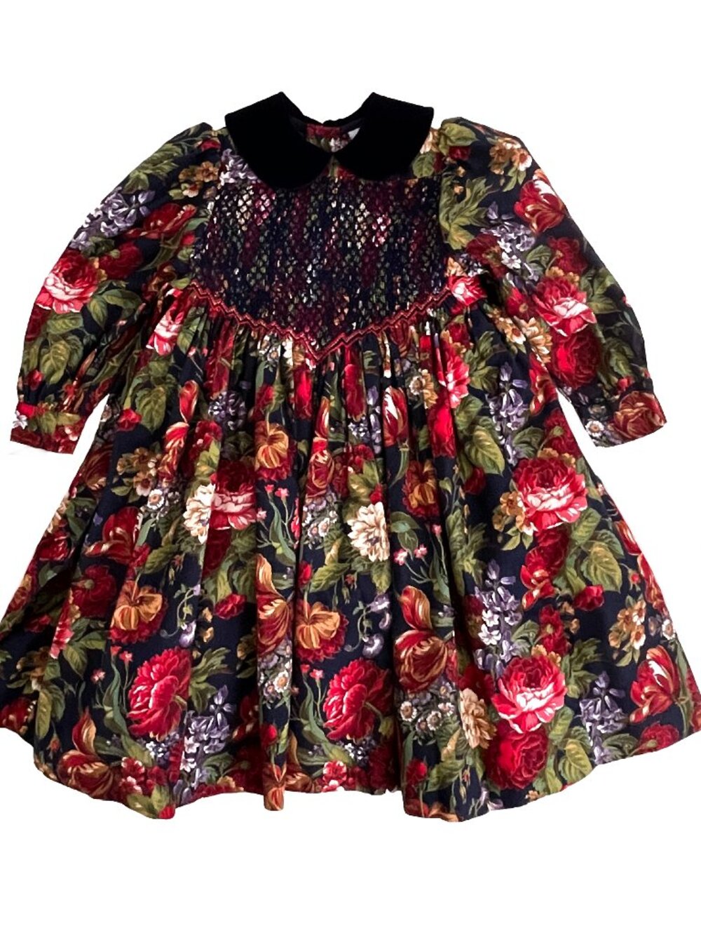 Floral Hand Smocked Dress, Isabel Garreton Vintage Velvet Collar, Size 3T